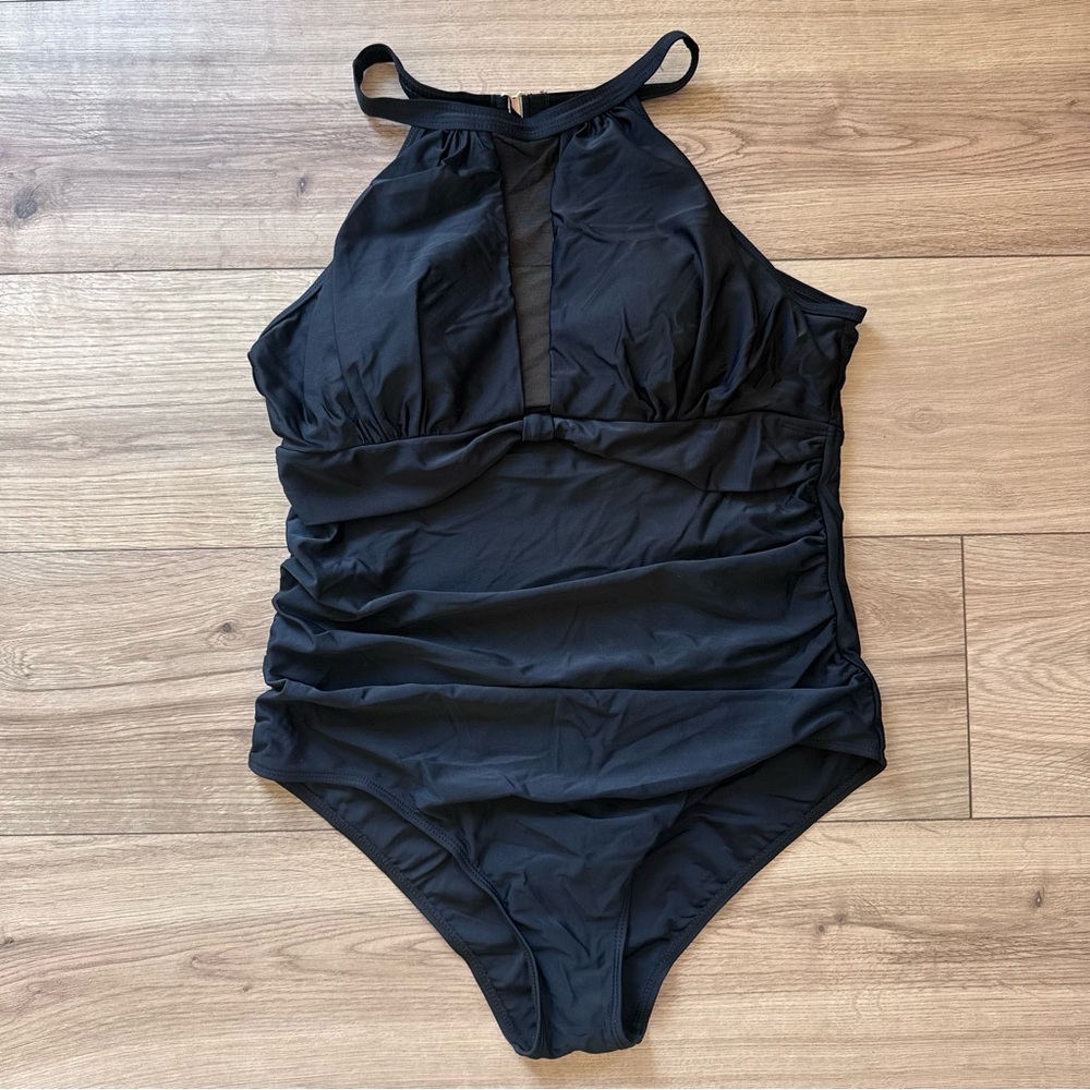 Tempt Me High Neck Plunge Mesh Ruched Monokini